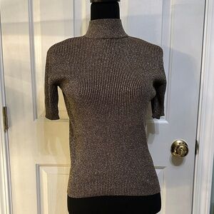 Vintage Gold Metallic Ribbed Short Sleeve Mock Turtleneck Top